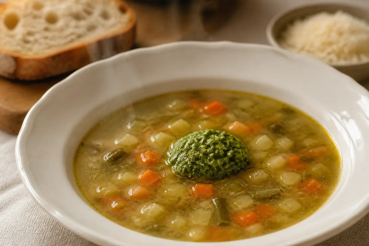 Assiette creuse de soupe au pistou fumante avec une cuillerée de pistou vert au centre