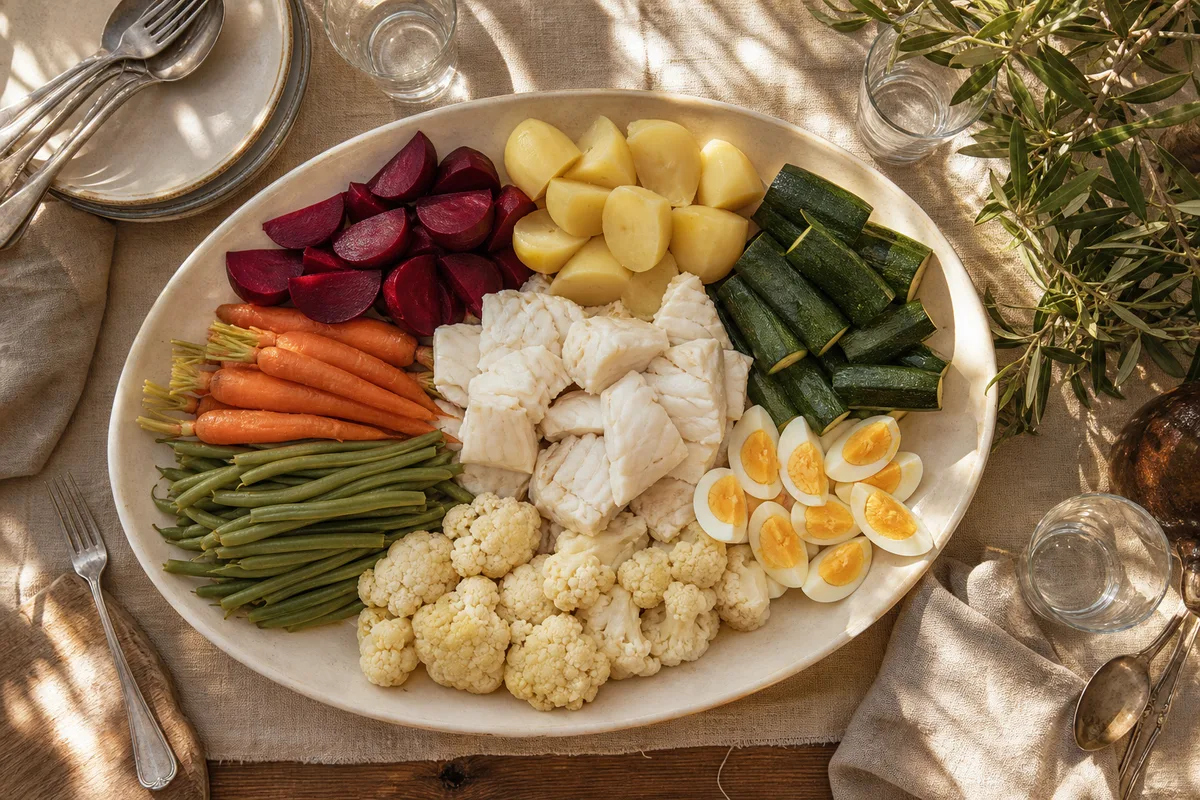 Plat de légumes bouillis, morue et œufs durs disposés sur un grand plat en terre cuite, table dressée à l’ombre