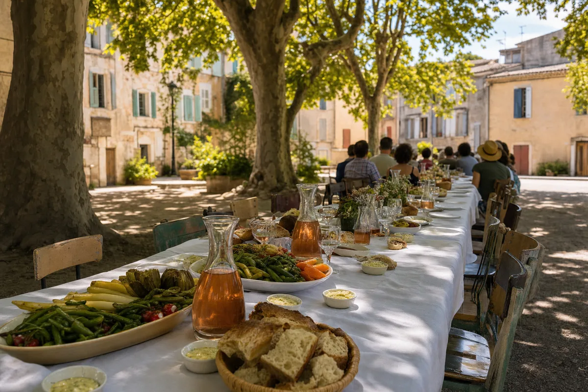 Longue tablée en plein air sur une place de village provençal, nappes blanches, platanes et plats partagés, convives de dos